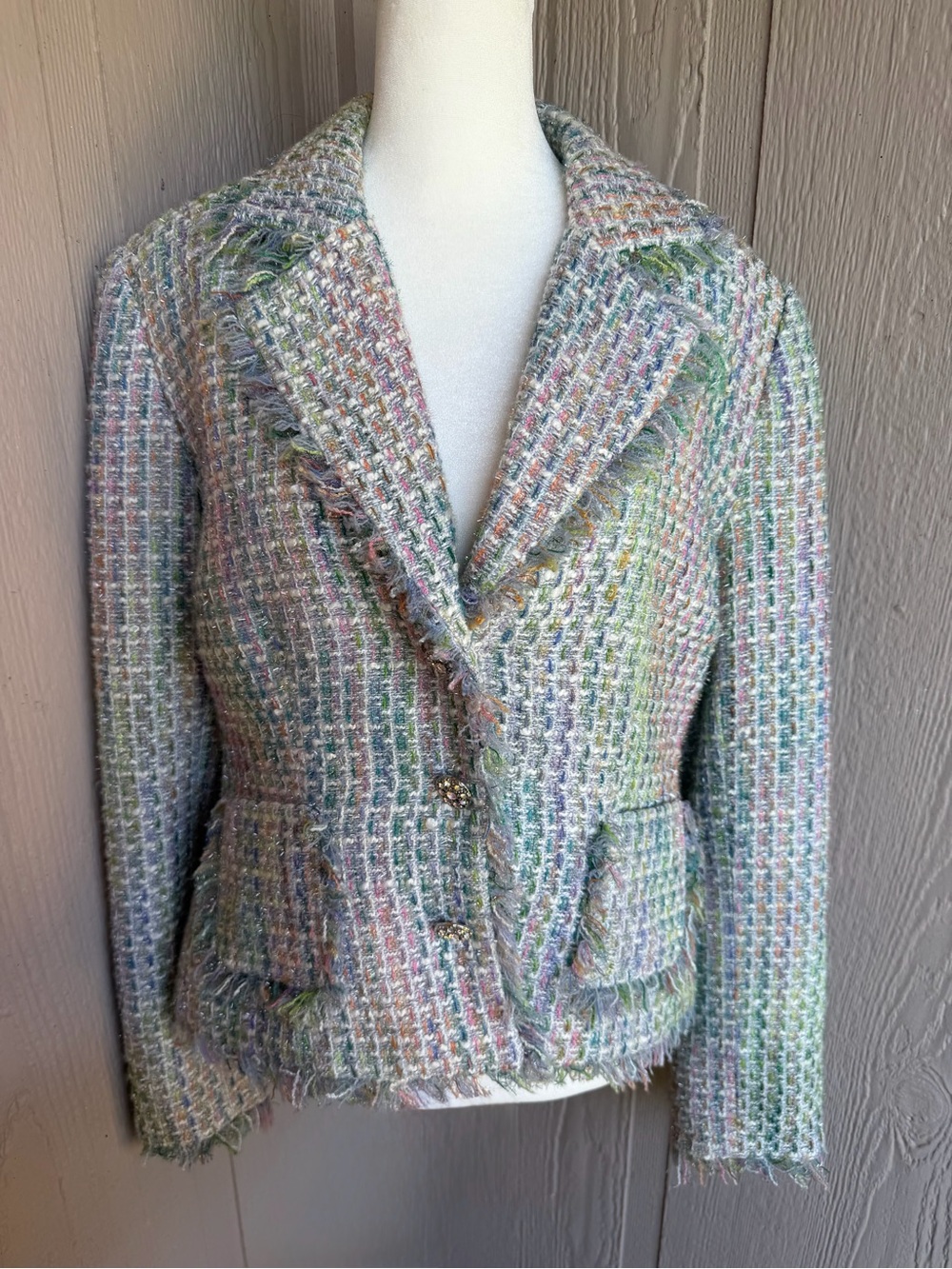 Fundamental Things Pastel Button Tweed Blazer Boucle Fringe Lined Workwear Sz 8